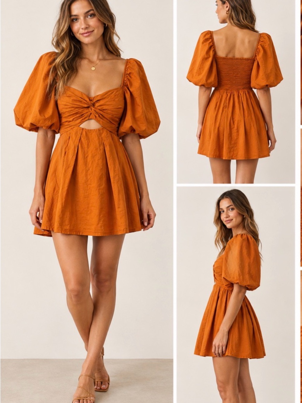 Moon River Rust Orange Puff Sleeve Twist Cutout Mini Dress